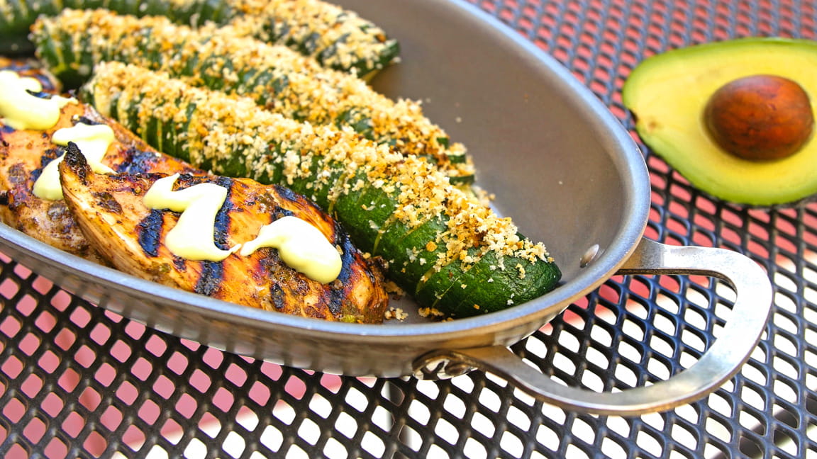 Jerk Chicken with Avocado Dipping Sauce and Grilled Hasselback Zucchini