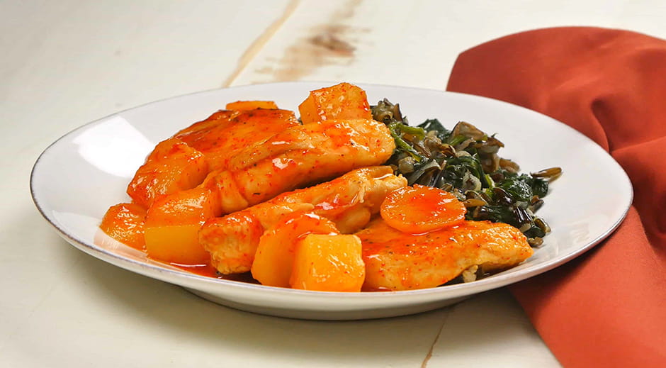 Pineapple Sriracha Chicken Over Wild Rice with Spinach